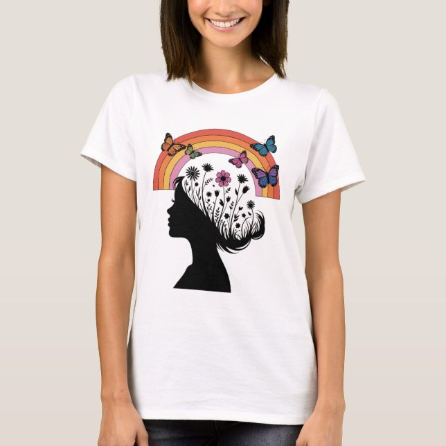 Female Silhouette Floral Rainbow Illustration T-Shirt (Vorderseite)