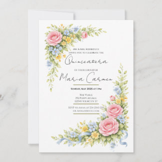 Feminine Aquarell-Blumen-Quinceanera-Geburtstag  Einladung