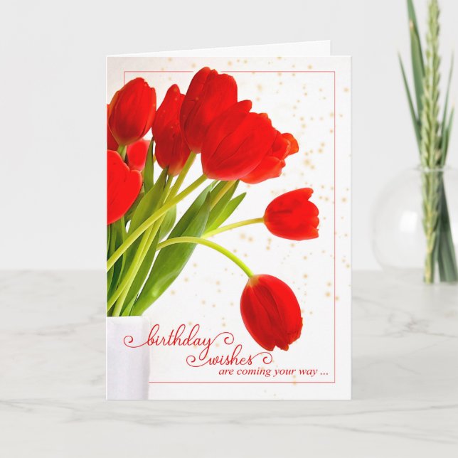 Feminine Birthday wünscht Red Tulips in einer Vase Karte (Vorderseite)
