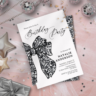 Feminine Black Floral Lace Bow Geburtstagsparty Einladung