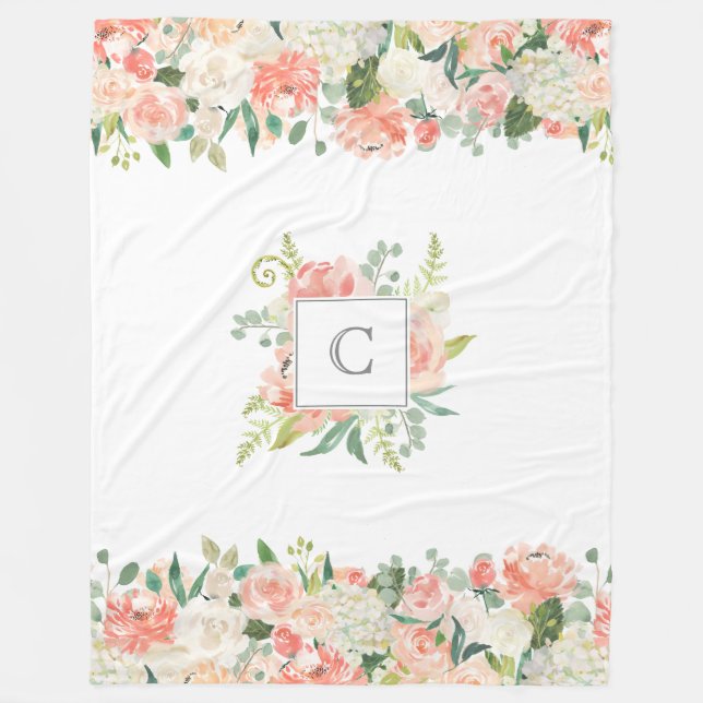 Feminine Blumenmuster mit Ihrem Monogramm Fleecedecke (Vorderseite)