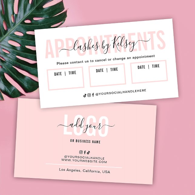 Feminine Blush Pink Beauty Salon Lash Spa Logo Terminkarte (Feminine blush pink and white salon appointment reminder cards)
