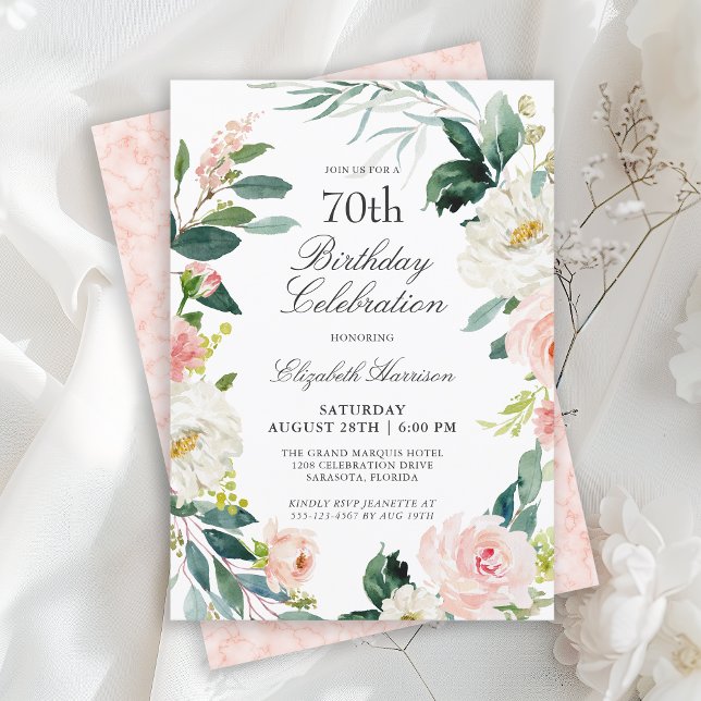 Feminine Blush Pink Floral 70. Geburtstagsparty Einladung (Available in both printed and instant download digital formats.)