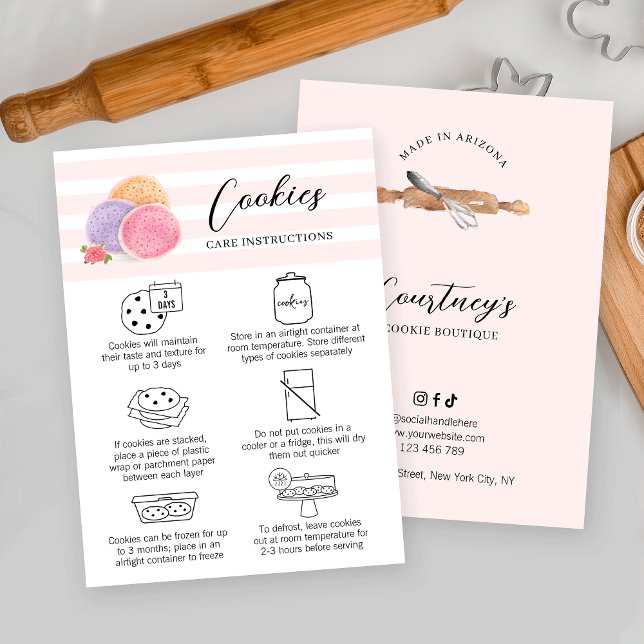 Feminine Blush Pink Watercolor Art Cookies Care Visitenkarte (Elegant cookies care & storage instructions cards with bakery watercolor art and care icons)