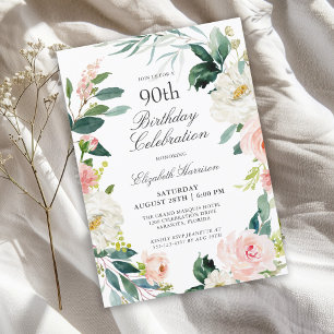 Feminine Blush Rose Floral 90. Geburtstagsfeier Einladung