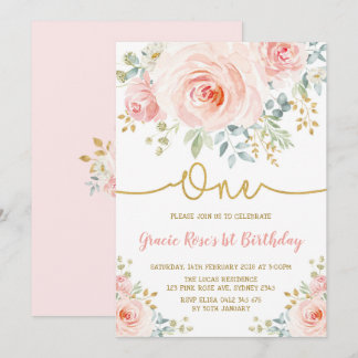 Feminine Blush Rose Girl 1. Geburtstag Party Einladung