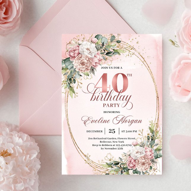 Feminine Boho Pastel Pink Floral 40th Birthday  Einladung (Feminine Boho Pastel Pink Floral 40th Birthday Invitation)