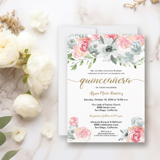 Feminine Boho Watercolor Floral Quinceanera Einladung (Roses watercolor quinceanera invitation)