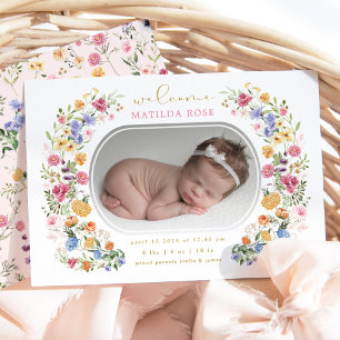 Feminine Boho Wildblume Girl Birth Ankündigung