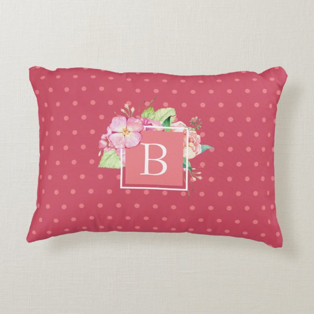 Feminine Chic Mit Monogramm Initial Pink Dot Flora Dekokissen (Rückseite)