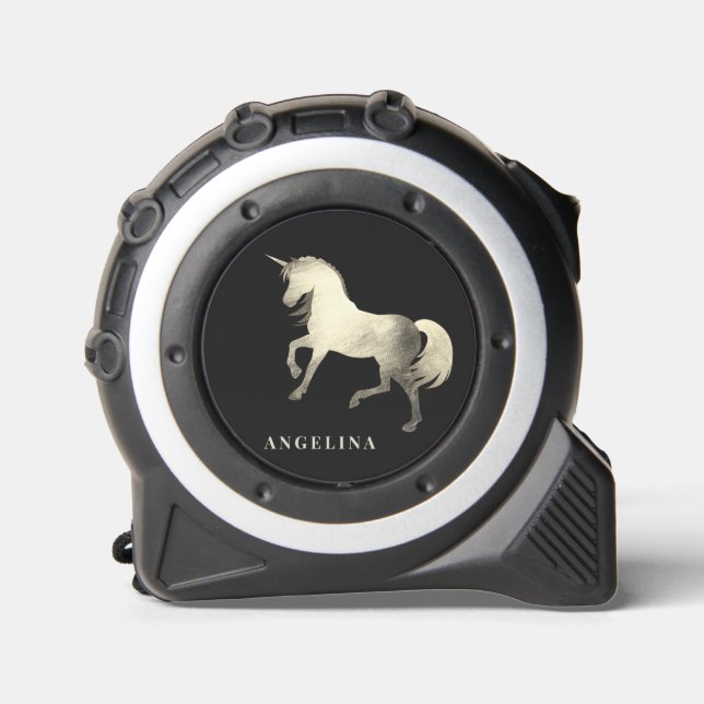 Feminine Classy Black Silver Unicorn Personalisier Maßband (Vorderseite)