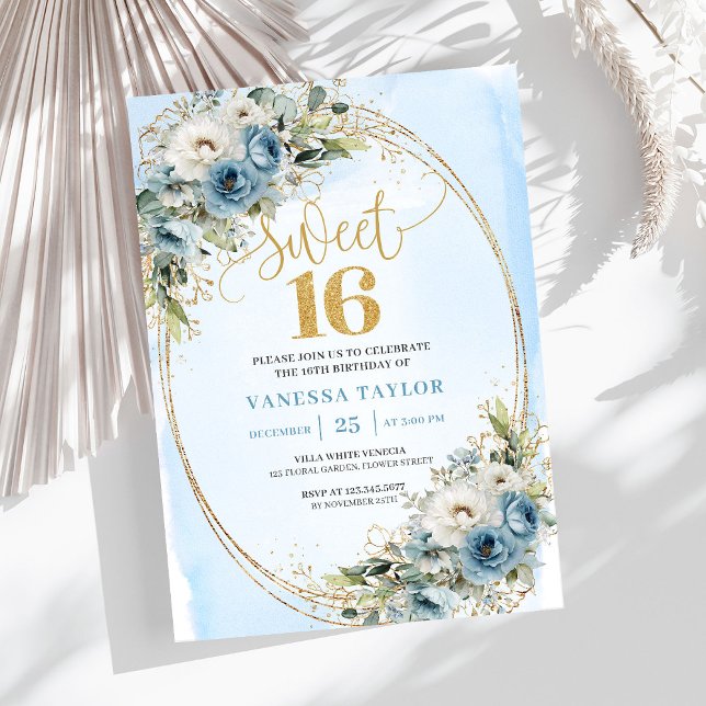 Feminine Dusty Blue Floral Sweet Sixteen Invite Einladung (Feminine Dusty Blue Floral Sweet Sixteen Invitation)