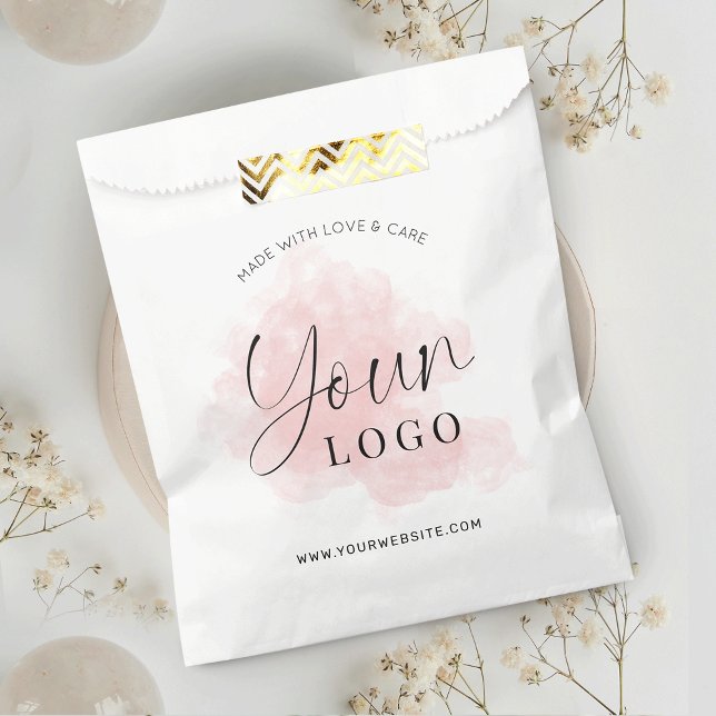 Feminine Elegant Company Logo Paper Shopping Bags Geschenktütchen (Elegant pink watercolor paper bag design with custom logo and your website)