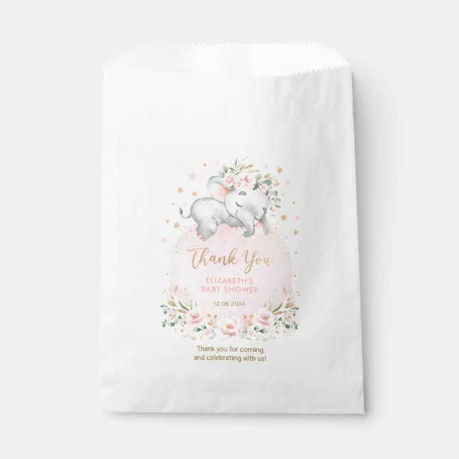 Feminine Elephant Pink Blush Bloral Baby Dusche Geschenktütchen (Vorderseite)