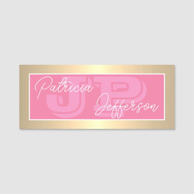 Feminine Flamingo Pink & Luxury Gold Chic Monogram Namensschild (Vorderseite)