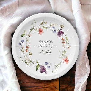 Feminine Floral Wreath Happy 90. Geburtstag Pappteller