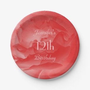 Feminine Girly Coral Pink Rose 12. Geburtstag, Nam Pappteller