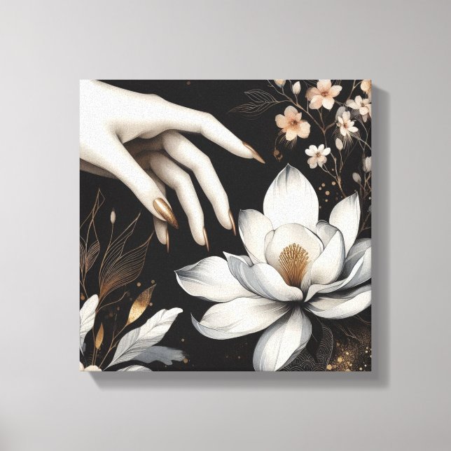 Feminine Hand with Magnolia Flower Art Leinwanddruck (Vorderseite)