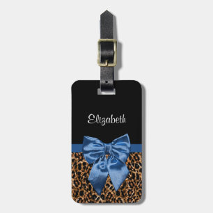 Feminine Leopard Print Elegant Blue Bow und Name Gepäckanhänger