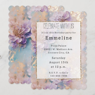 Feminine Lila Blue und Gold Floral Einladung