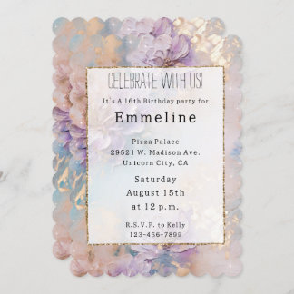 Feminine Lila Blue und Gold Floral Einladung
