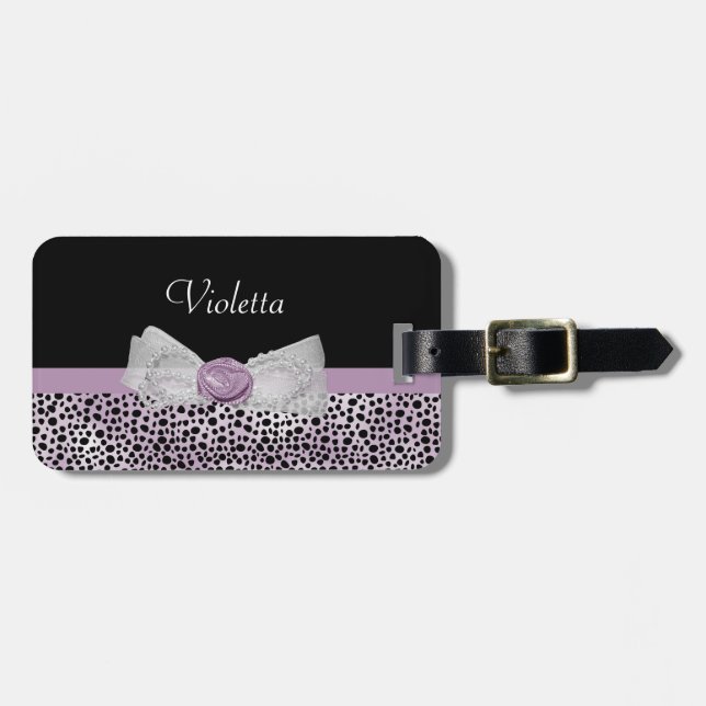 Feminine Lila Cheetah Print Girly Bow und Name Gepäckanhänger (Vorderseite horizontal)