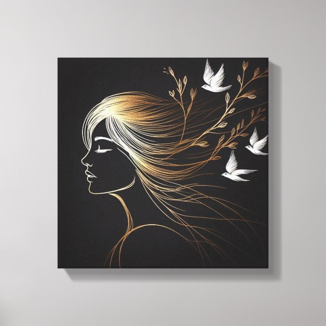 Feminine Line Art Profile with Gold Birds and Bran Leinwanddruck (Vorderseite)