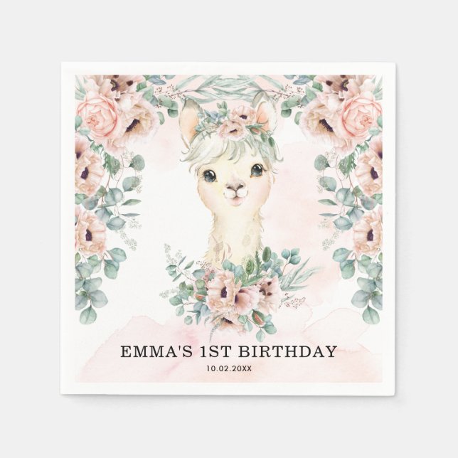 Feminine Llama Blush Pink Blumengrün Geburtstag Serviette (Vorderseite)