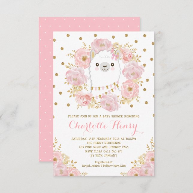 Feminine Llama Blush Pink Gold Floral Baby Dusche Einladung (Vorne/Hinten)