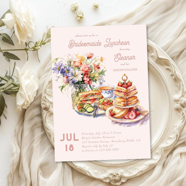 Feminine Lunch Blume Bridesmaids Einladung (Bridesmaids Luncheon Invitation or Afternoon Tea with the Bride )