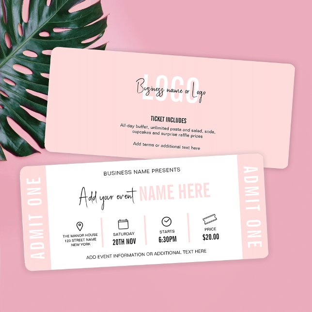 Feminine Modern Event Ticket Company Gift Voucher Einladung (Feminine event ticket design in blush pink and white with fully editable text and colors)