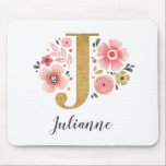 FEMININE MONOGRAM ANFANGS Pink Gold Letter J Mousepad<br><div class="desc">In Beautiful,  feminine monogrammed pink floral mouse pad,  featuring pink flowers and a falgold monogram letter J. Personalize the mouse pad by adding your name underneath the monogram. Makes a fun gift for a friend or for a bridesmaid gift. Designed for you by Blackberry Boulevard.</div>