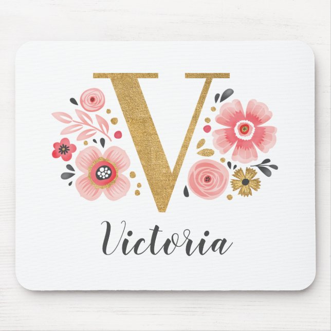 Feminine Monogram, erster rosa Goldbrief V Mousepad (Vorne)
