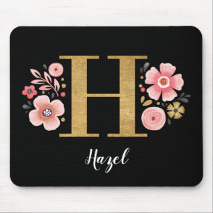 Feminine Monogram Initial Pink Black Letter H Mousepad