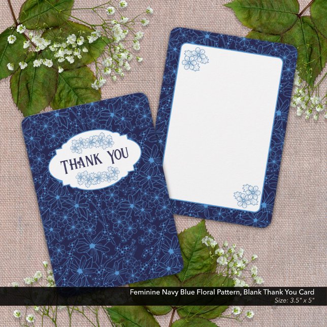 Feminine Navy Blue Floral Pattern, Blank Dankeskarte (Blank Thank You Card with Feminine Navy Blue Floral Pattern.)