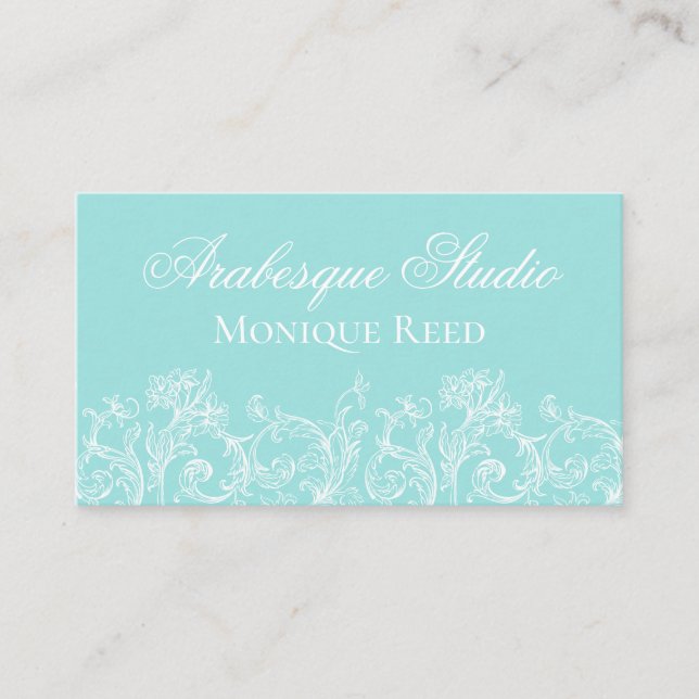 Feminine Ornamental Aqua & White Business Card Visitenkarte (Vorderseite)