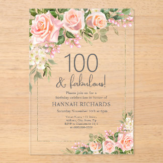 Feminine Peach | Roses Floral 100. Geburtstag Acryleinladungen