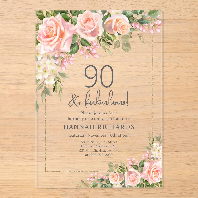 Feminine Peach | Roses Floral 90. Geburtstag Acryleinladungen (Vorderseite)