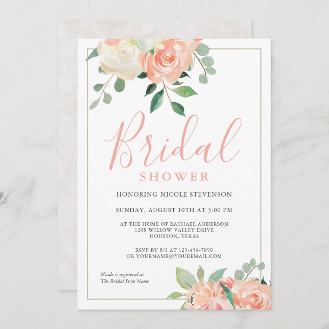 Feminine Peach Wasserfarbenes Brautparty Einladung (Vorne/Hinten)