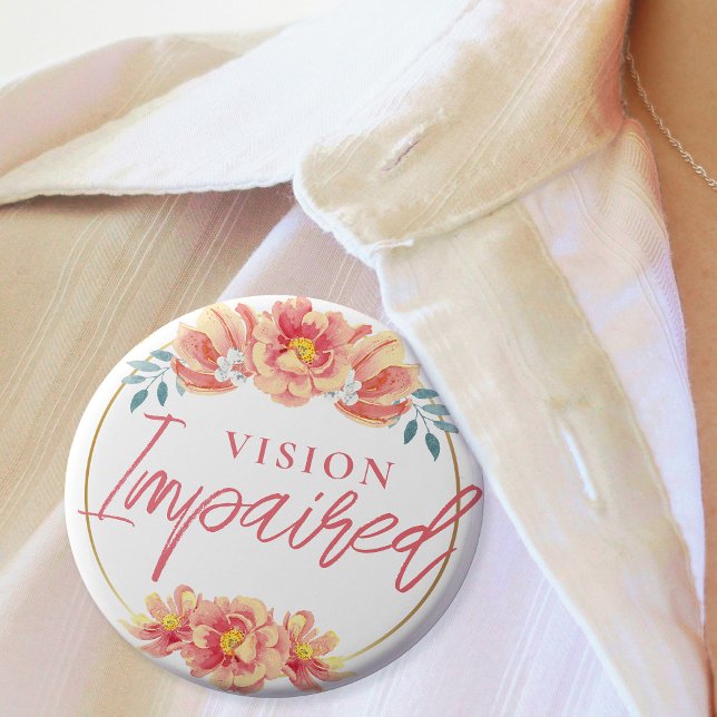 Feminine Pfirsich-Rosen-Blumen-Script Sehbehindert Button (Feminine Peach Rose Floral Script Vision Impared Button)
