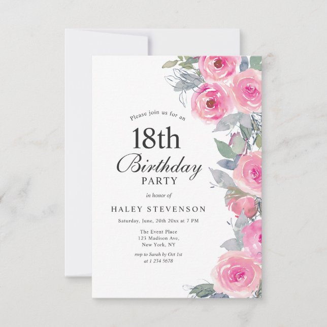 Feminine Pink Aquarell Blumenchic 18. Geburtstag Einladung (Vorderseite)