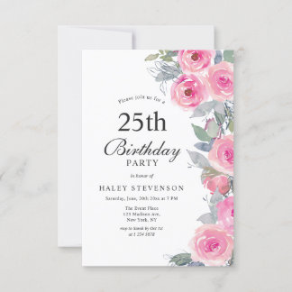 Feminine Pink Aquarell Blumenchic 25. Geburtstag Einladung