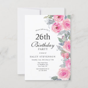 Feminine Pink Aquarell Blumenchic 26. Geburtstag Einladung