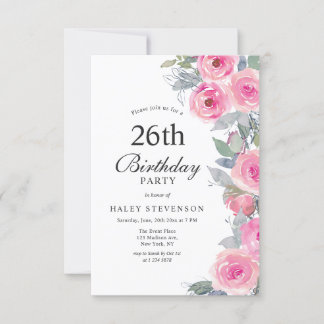 Feminine Pink Aquarell Blumenchic 26. Geburtstag Einladung