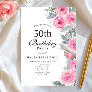 Feminine Pink Aquarell Blumenchic 30. Geburtstag Einladung
