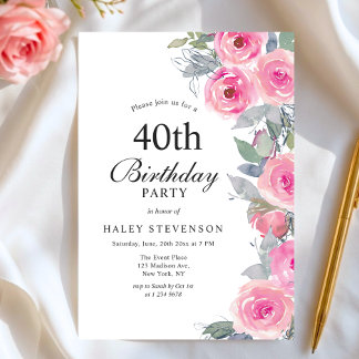 Feminine Pink Aquarell Blumenchic 40. Geburtstag Einladung