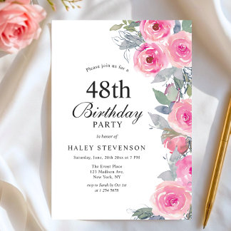 Feminine Pink Aquarell Blumenchic 48. Geburtstag Einladung