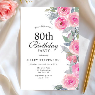 Feminine Pink Aquarell Blumenchic 80. Geburtstag Einladung