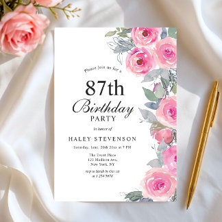 Feminine Pink Aquarell Blumenchic 87. Geburtstag Einladung