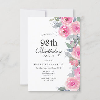 Feminine Pink Aquarell Blumenchic 98. Geburtstag Einladung